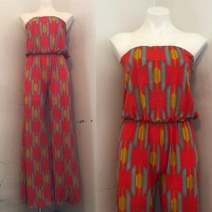 Vintage 1970s Aztec Graphic Strapless Jumpsuit